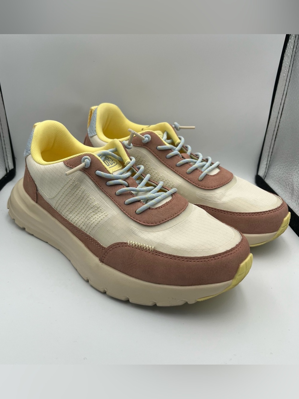 Hey Dude Men's Cream and Brown Sneakers with Yellow Lining
